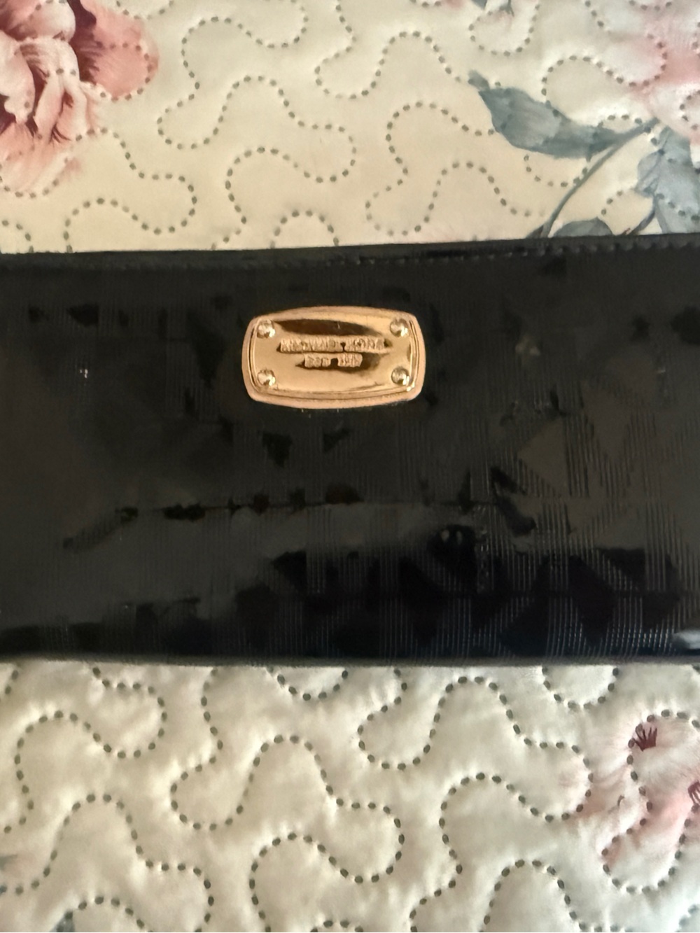 Michael Kors Black Patent Leather Zip Wallet with Gold Plaque